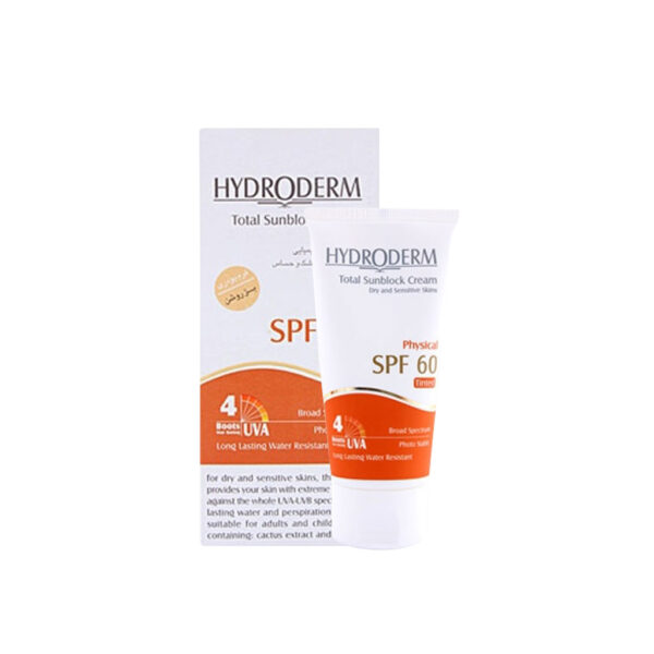 کرم ضدآفتاب هیدرودرم SPF60 فیزیکال رنگی 50 میلی لیتری