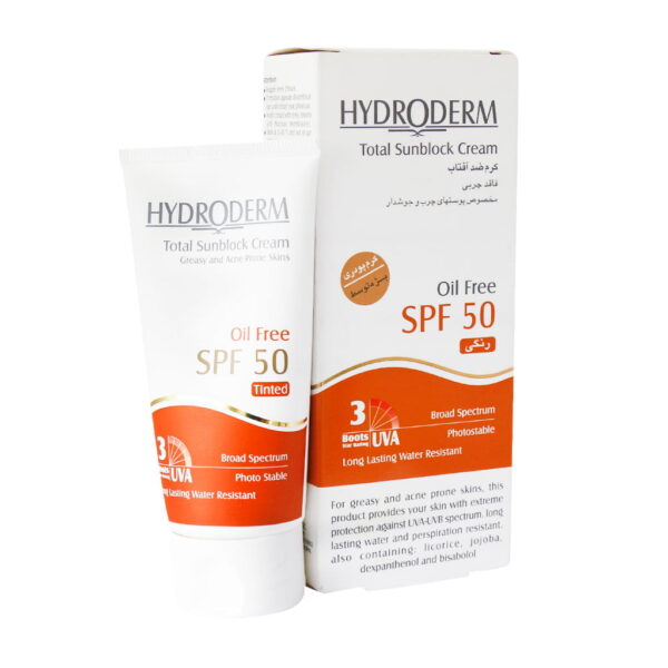 کرم ضدآفتاب هیدرودرم SPF50 رنگی و فاقد چربی 50 میلی لیتری